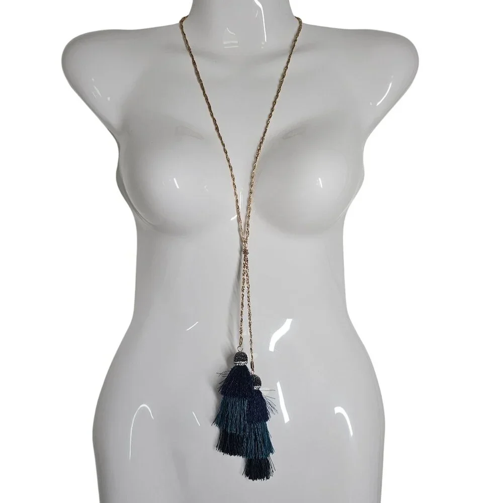 Neiman Marcus Gold-Tone‎ Rope Chain Necklace W/ Blue & Black Tassels 19